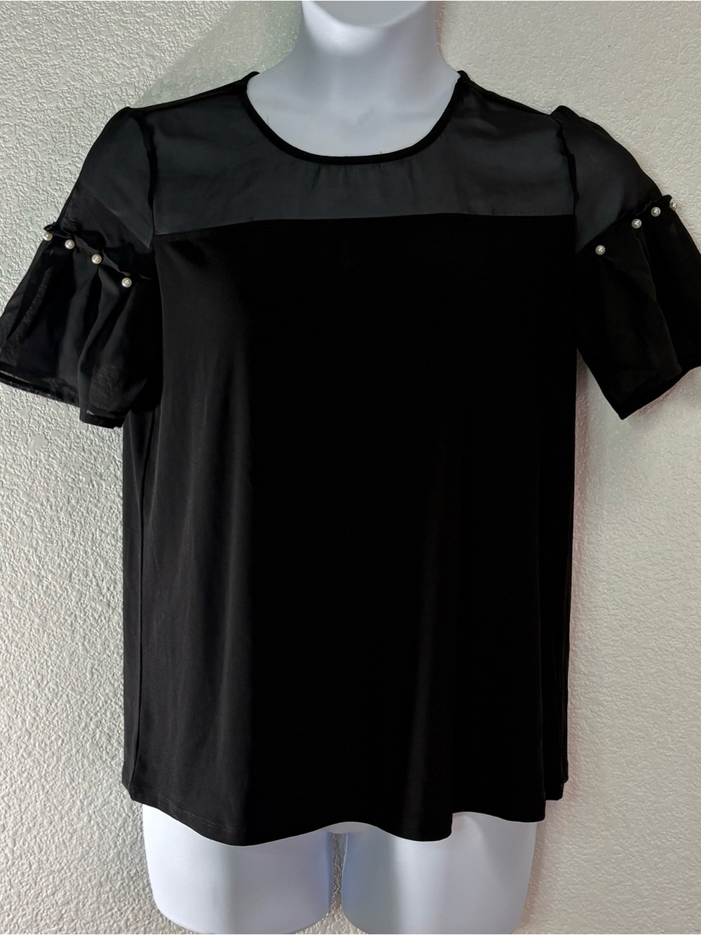 Black Sheer Yoke Pearl Sleeve Women’s Top